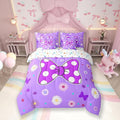 7 Pieces Purple Bowknot Kids Comforter Set King,Star Daisy Floral Geometric Dots Patch Bedding Set,Bow Tie Princess Cute Romantic（Comforter+Fitted+Flat Sheet+2 Pillowcases+2 Throw Pillow Covers）
