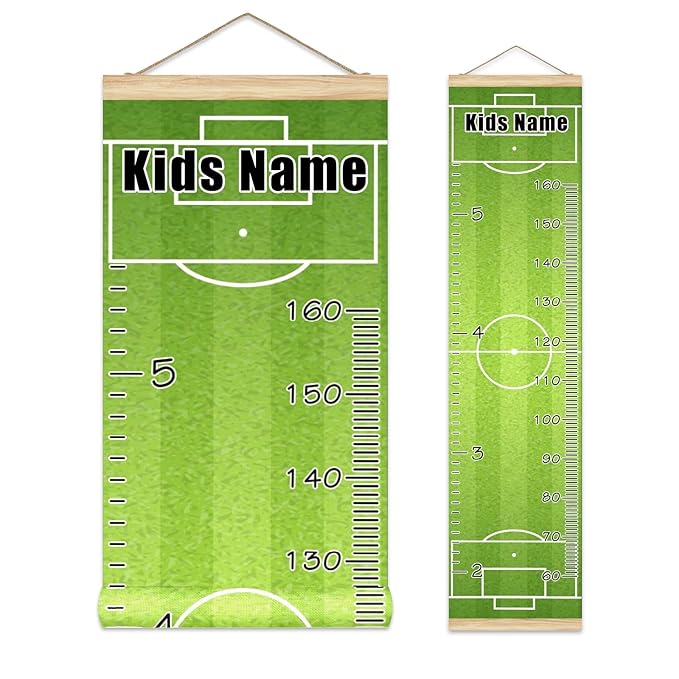 Personalized Kids Name Growth Chart Ruler for Wall Wood Frame Height Measure Chart 13.4x56 in Linen Hanging Height Growth Chart Football Field Kids Room Decor