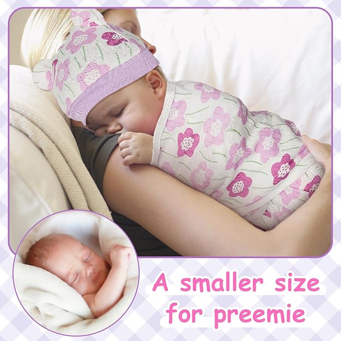 Ramede 6 Pack Preemie Swaddle Blanket with Hats Sleep Swaddle for Baby Boy Girl Preemie Newborn Sacks Soft Cotton Wearable(Flower,Pink and Green)