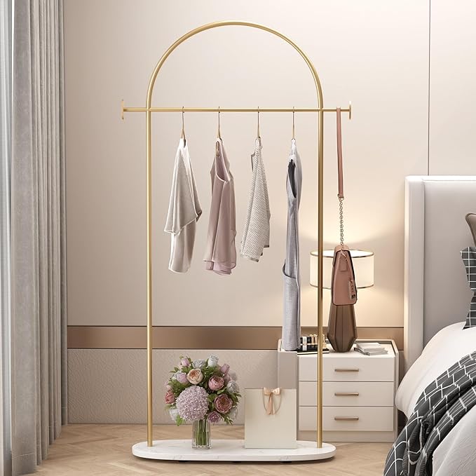 Modern Gold Coat Racks with Marble Base, Gold Clothing Racks with Shelves, Heavy Duty Clothes Rack Stand for Entryway, Bedroom, Living Room, Boutiques