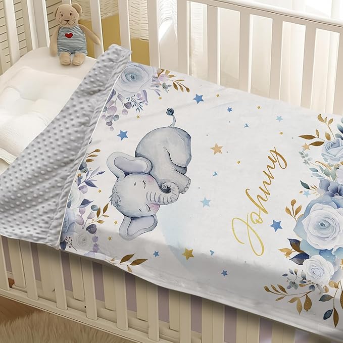 Personalized Baby Blanket for Boys Girls, Custom Baby Blanket with Name, Flannel Blue Elephant Blanket Personalized Gifts for Kids Newborn Infant, Ideal for Birthday Baby Shower(60" x80)