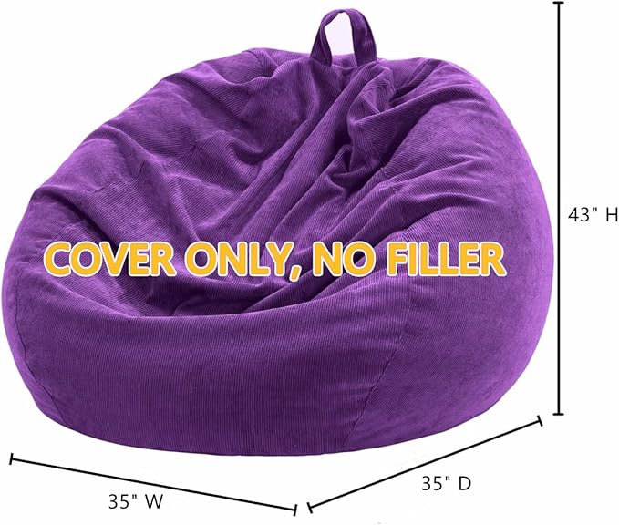 Nobildonna 3 ft Bean Bag Chair Cover (No Filler) 35"×43" Large Stuffed Animal Storage Bean Bag Washable Big Beanbag Chair Cover Premium Corduroy Bean Bag Cover for Adults,Kids,Purple 300L