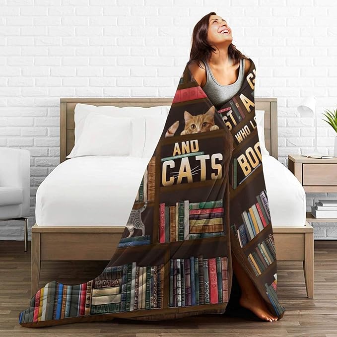 Cute Cat Blanket Just a Girl Who Loves Books and Cats Throw Blankets for Kids Teens Adults Warm Soft Lightweight Plush Funny Animal Print Fleece Flannel Throws Bedding Reading Gifts for Girls 80"x60"