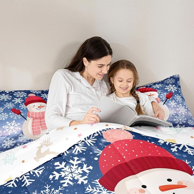 Feelyou Christmas Kids Comforter Set Twin Size Snowman Purple Blue Gradient Bedding Set Xmas Snowflakes Duvet Quilt for Kids Boys Girls Bedroom Winter Snow Decor Microfiber Ultra Soft Breathable