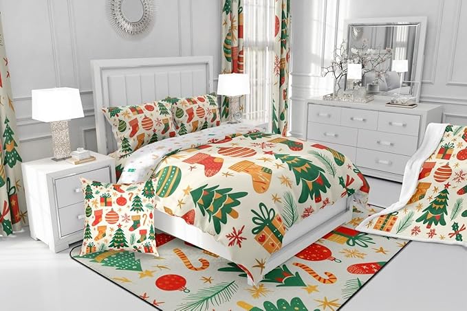 Feelyou Christmas Comforter Set All Season Xmas Tree Bedding Set with 1 Pillow Cases New Year Gift Microfiber Kids Twin Bedclothes Christmas Stockings Bedroom Decor Duvet Quilt Breathable Soft