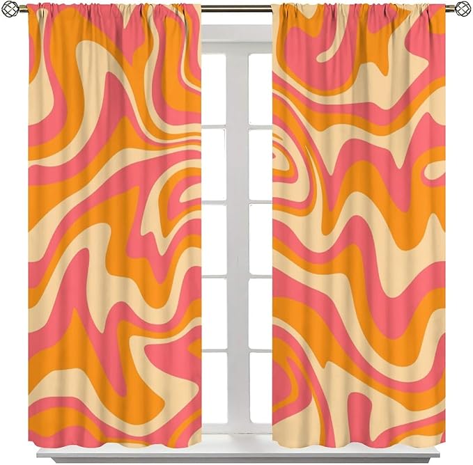 Abstract Wavy Swirl Curtains,60s 70s Groovy Aesthetic Retro Boho Orange Pink Abstract Curtains for Girls Bedroom Living Room Window 42"" W X 63"" L, Style-2