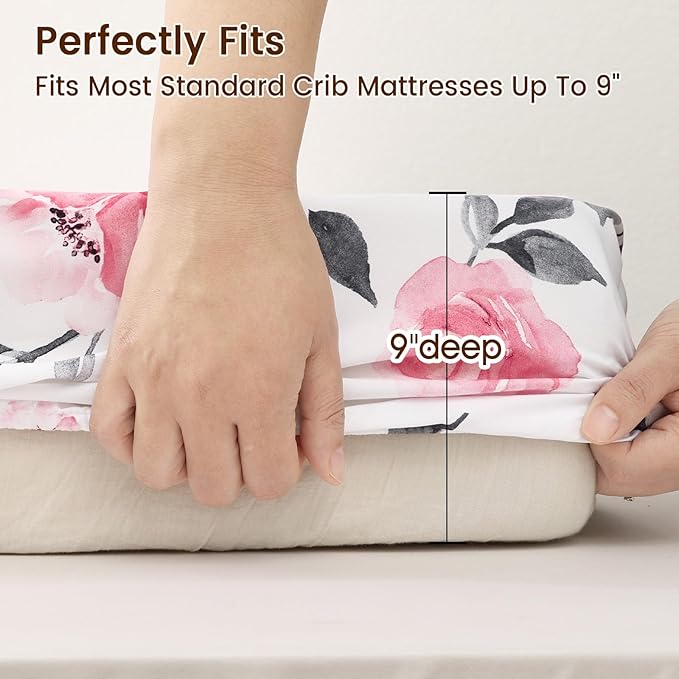PHF Soft Crib Sheet Fitted, 2 Pack Baby Sheets for Girls, 28x52x9in Fits Standard Crib and Toddler Mattresses, Silky Comfy Breathable Polyester Baby Mattress Sheets, Pink Floral