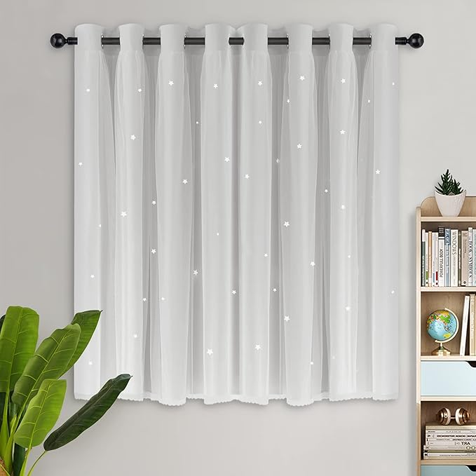Kinryb Blackout Small Curtains for Girl Living Room/Classroom, Sheer Overlay 2 Free Tiebacks, Double Layer Curtains with Star Cutout for Kids Room(W 52 x L 45 Inches,Greyish White 2 Pcs)
