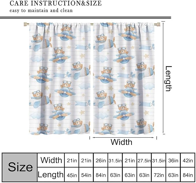 Cartoon Bear Curtains, Lovely Bear Adventure Airplane Blue White Stripe Blackout Window Treatments, Rod Pocket Thermal Insulated Drapes 2 Panel Sets for Kids Bedroom Nursery Classroom, 52"W X 84"L