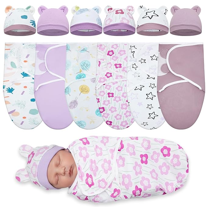 Ramede 6 Pack Preemie Swaddle Blanket with Hats Sleep Swaddle for Baby Boy Girl Preemie Newborn Sacks Soft Cotton Wearable (Tree,Purple)