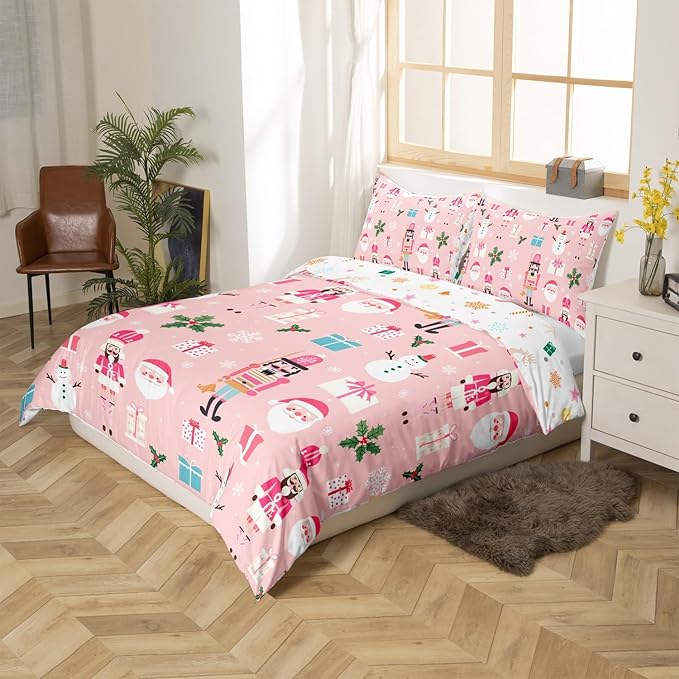 Pink Christmas Nutcracker Decorative Comforter Cover Full Size Xmas Cartoon Santa Claus Duvet Cover New Year Festival Snowman Snowflake Bedding Set Gifts for Kids Boys Girls 2 Pillow Cases Pink