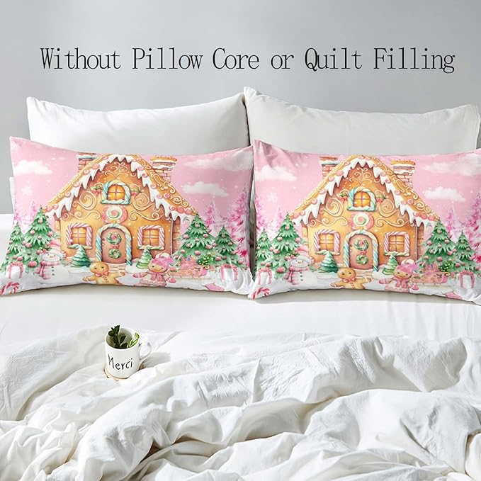 LUVIVIHOME 3PCS Pink Gingerbread House Duvet Cover Queen Bedding Set, Teen Girl Bedding, Gingerbread Man Snowman Christmas Tree Candy Cane Winter Holiday Kids Christmas Comforter Cover, 2 Pillow Cases