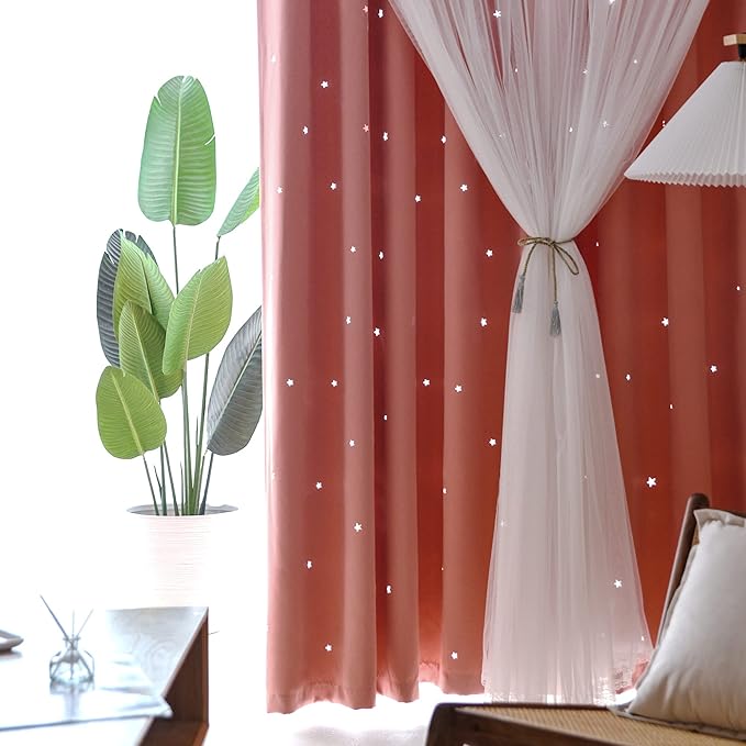 Kinryb Princess Curtains for Girls Bedroom with Sheer Overlay,Double Layer Curtain for Living Room with Star Cutout, Curtains for Kids Room (70 W*63 L Inches,2 Pcs Coral)