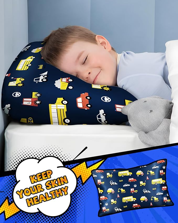 Silk Pillowcase for Kids - 30 x 20 Inches Queen Size Mulberry Silk Pillow Case with Zipper Cute Cartoon Kawaii Teens Girls Boys Pillowcase for Hair and Skin, Red Yellow Car