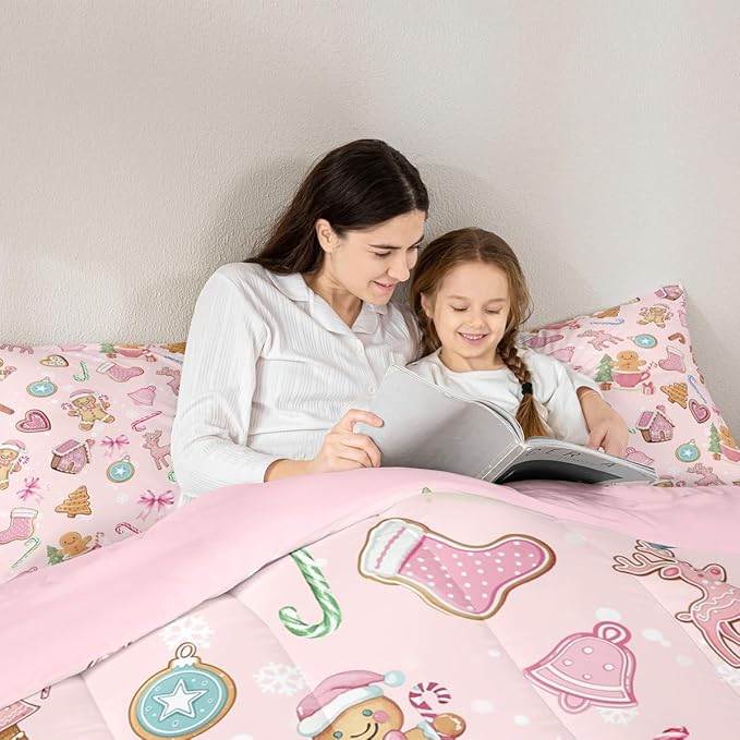 Merry Christmas Kid Comforter Set Full Size,Gingerbread Man Elk Deer Bowknot Bedding Set,Room Decor,Cute Girly Bow Tie Xmas Tree Quilt Comforter,Pink Colorful Duvet Set Bedroom Quilt Set,2 Pillowcases