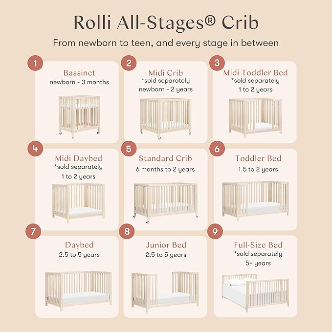 babyletto Rolli Convertible All-Stages® Bassinet and Full-Size Crib in Washed Natural, Greenguard Gold Certified, Portable & Adjustable with Conversion Kits and Pads Included