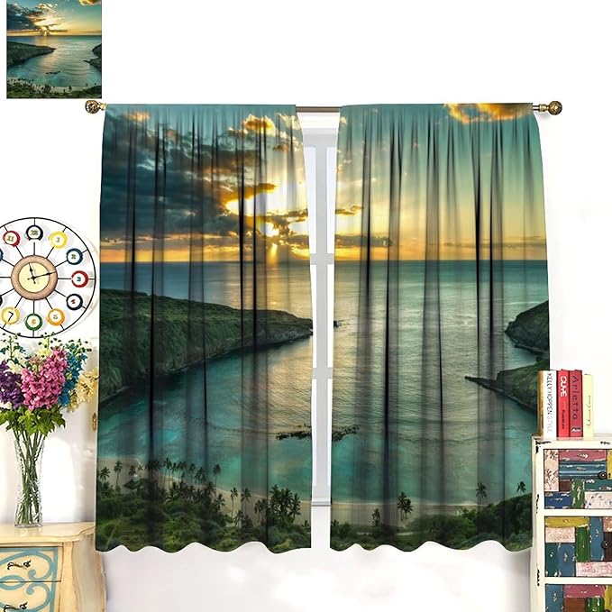 Ocean Beach Curtains,OceanMorning Sunrise Hawaiian Seaside Scene Pattern Blackout Print Home Bedroom Living Room Window Treatments 2 Panel Set 42x63 Inch