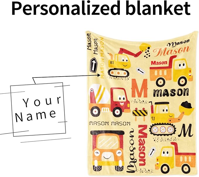 Personalized Construction Blanket with Name for Baby Boys Girls, Custom Truck Blanket Construction Vehicles, Soft Flannel Toddler Blankets Customized Gift for Newborn Baby Shower Birthday-30x40inch
