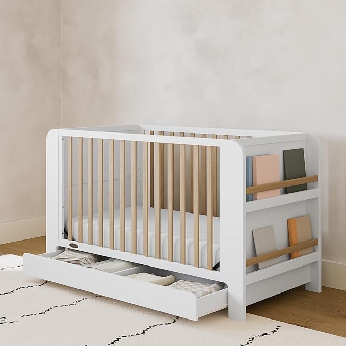 Graco Read-with-Me 4-in-1 Convertible Crib with Drawer (White with Driftwood) - GREENGUARD Gold Certified Converts to Toddler Bed, Daybed, and Functional Bookshelves