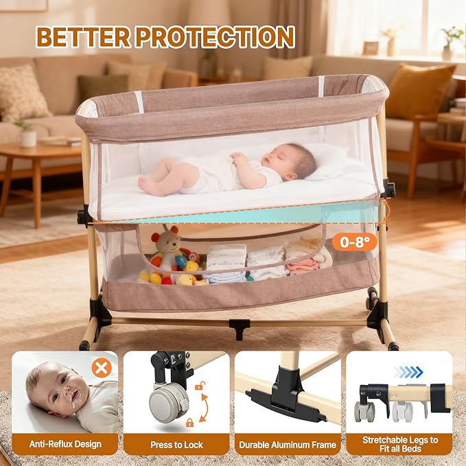 Baby Bassinet Bedside Sleeper, 3-in-1 Bedside Bassinet, 5 Height Adjustable Rocking Baby Crib, Breathable Full Mesh, Mosquito Net, Storage Basket, Stable and Secure Bassinets for Newborn Infant