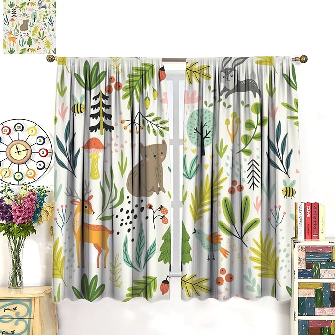 Kid Forest Animal Curtains,Woodland Animal Cartoon Watercolor Forest Hedgehog Fox Toddler Boys Girls Bedroom Living Room Window Drapes 42x63in