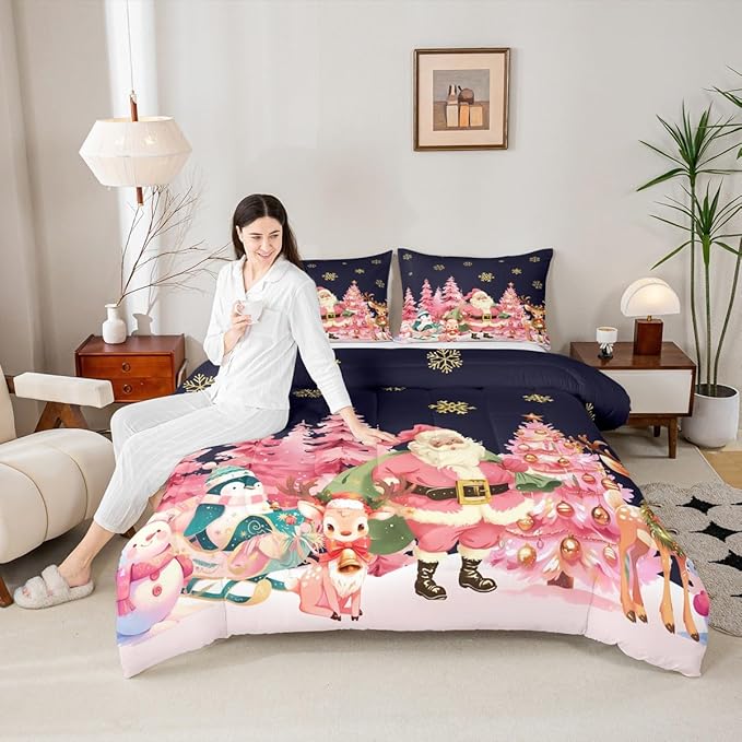 jejeloiu Merry Christmas Comforter Set King Size Santa Claus Bedding Set for Kids Boys Girls Cute Deer Duvet Quilt Dark Blue Bedroom Decor
