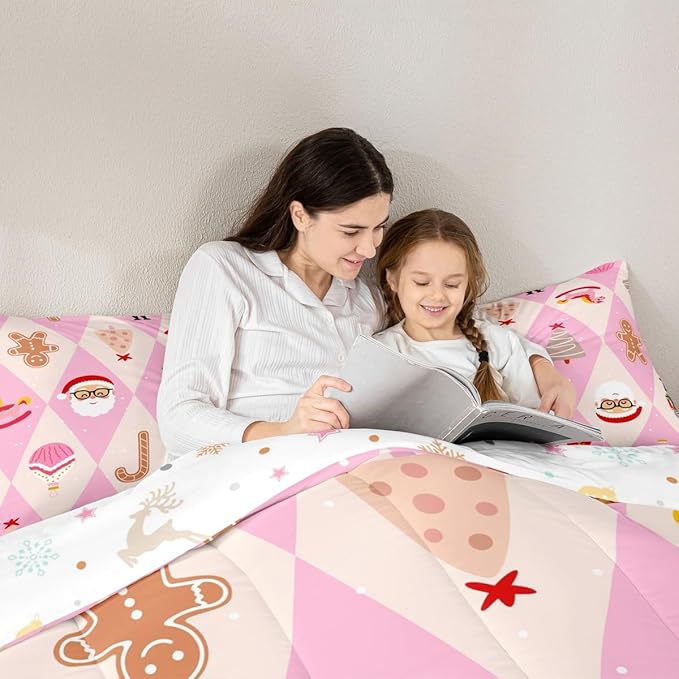 Feelyou Pink Christmas Kids Comforter Set King Size Santa Claus Bedding Set Xmas Tree Nutcracker Soldier Duvet Quilt for Kids Boys Girls Bedroom Gingerbread Man Decor Microfiber Ultra Soft Breathable