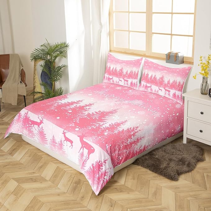 Manfei Pink Glitter Duvet Cover Set Full Size, Xmas Trees Deers Snowflakes Print Bedding Set 3pcs for Kids Girls Teens Bedroom Decor, Christmas Theme Comforter Cover with 2 Pillowcases,No Comforter