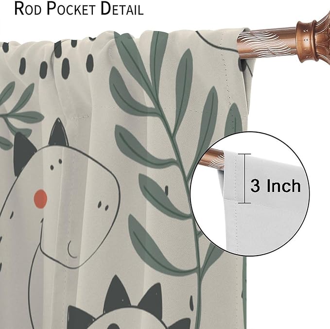 Funny Dinosaur Curtains, Jungle Cute Cartoon Animals Tropical Leaves Plant Beige Green Print Blackout Window Treatments for Kids Boys Girls Bedroom Living Room 52x84in