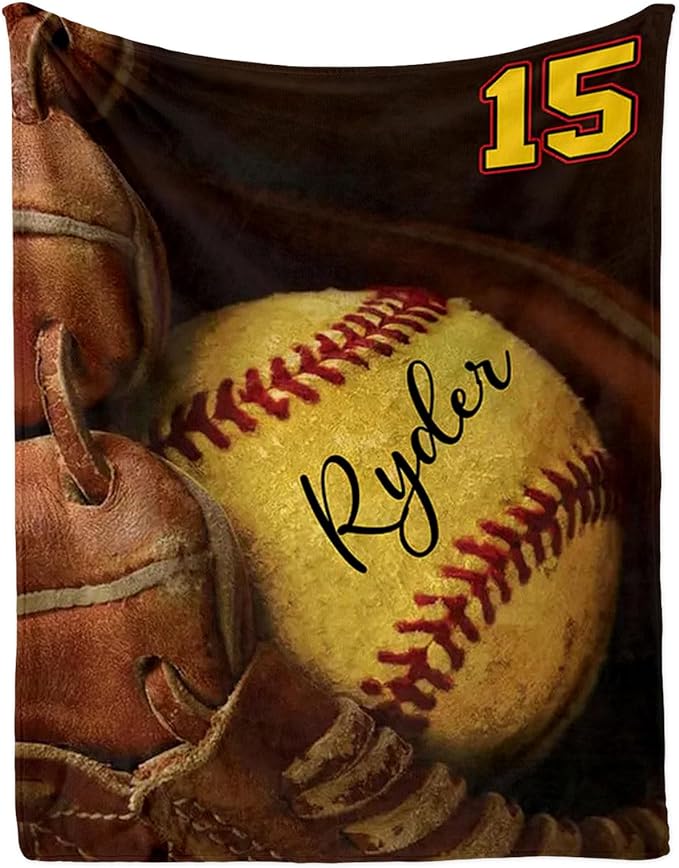 Custom Baby Softball Blanket with Name Number: Personalized Fluffy and Warm Gift for Baby Toddler Kids and Adults Birthday Skin-Friendly Flannel Fabric(60"x80")