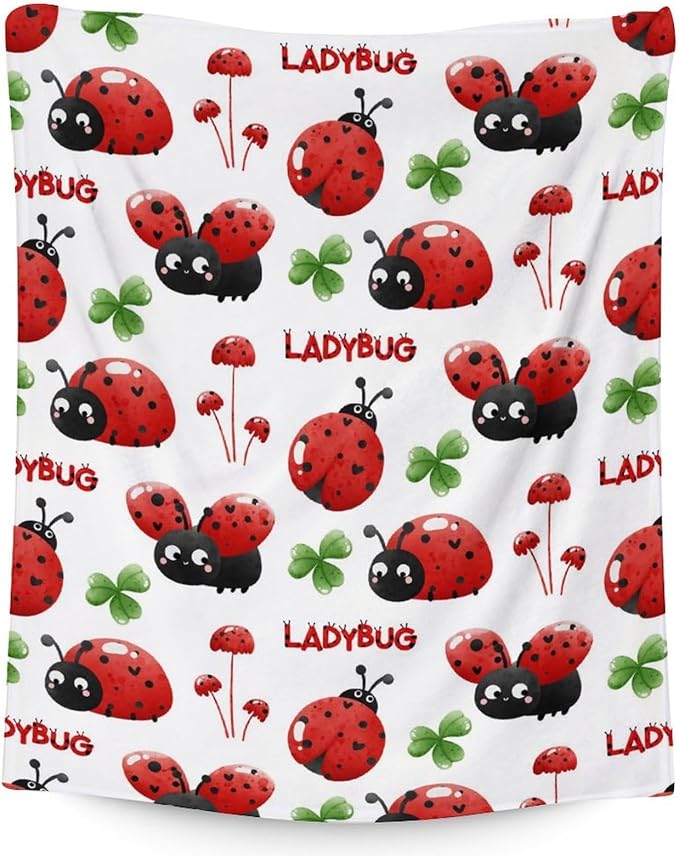 Ladybug Blanket for Girls - 40 x 50 Inches Cute Lady Bug Blanket for Boys - White Fuzzy Warm Decor for Couch, Sofa