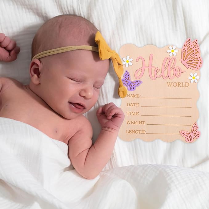 Welcome Baby Sign, Hello World Newborn Sign, Pink Baby Name Announcement Mark, Butterfly Chrysanthemum Birth Announcement Signs for Girls And Boys in Hospitals, Nursery And Family Use.