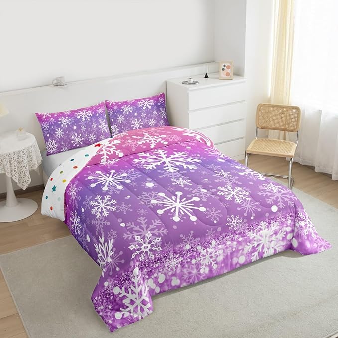 Feelyou Christmas Comforter Set All Season Pink Purple Bedding Set with 2 Pillow Cases Winter Snowflake Microfiber Kids Queen Bedclothes New Year Holiday Bedroom Decor Duvet Quilt Soft Lightweight