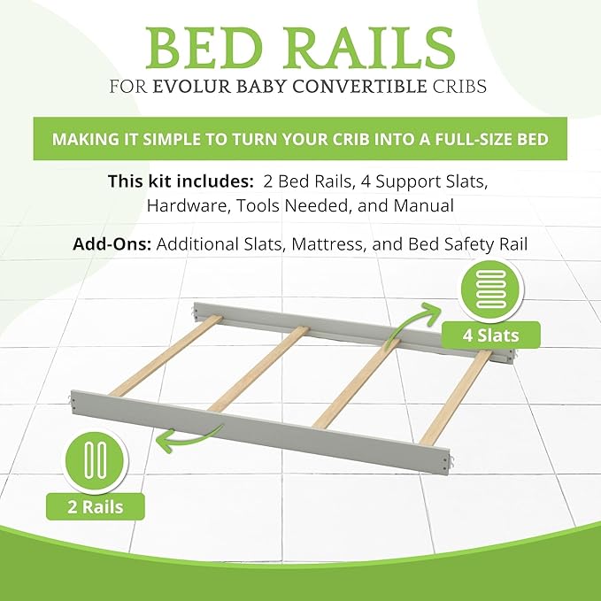 Full-Size Conversion Kit Bed Rails for Evolur Cribs - Solid Wood Crib Convertible Kit to Kids Bed - Transitional Style Rails & Easy-to-Install Child Essentials for Safety (Pebble Grey)