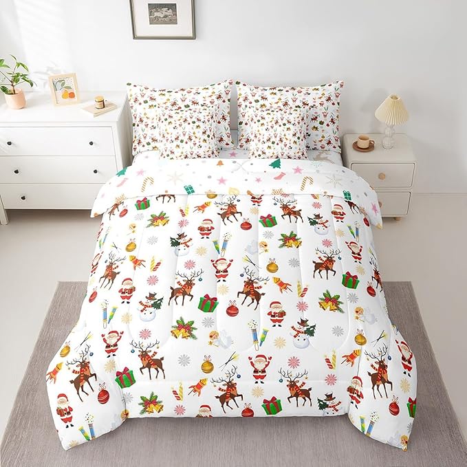 Feelyou Christmas Kids Bed Set Cute Snowman Santa Claus Bed in a Bag Boys Girls Cute Reindeer Comforter Set with Sheets Christmas Bells Cartoon Design Bedding Set Bedroom Collection Queen Size