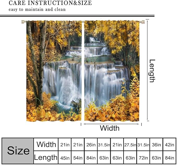Waterfall Blackout Curtain, Autumn Season Trees Leaves Natural Landscape Window Drapes, for Bedroom Living Room 42" W X 45" L