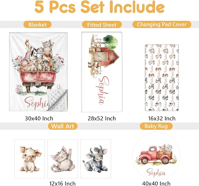 Custom Baby Crib Bedding Set, 5 Pcs Personalized Name Baby Crib Sets for Infant Toddler, Farm Animals Nursery Bedding Set for Boy Girl, Double Layer Flannel Baby Bedding Sets Customized Gifts