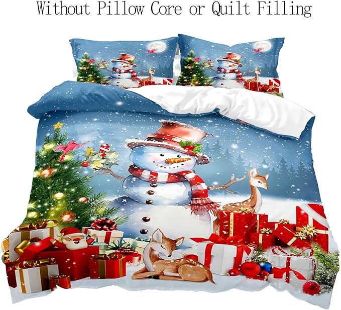 LUVIVIHOME 3PCS Cute Snowman Duvet Cover Queen Bedding, Christmas Bedding, Santa Claus Deer Cardinal Christmas Tree Winter Holiday New Year Xmas Gifts Christmas Comforter Quilt Cover, 2 Pillow Shams