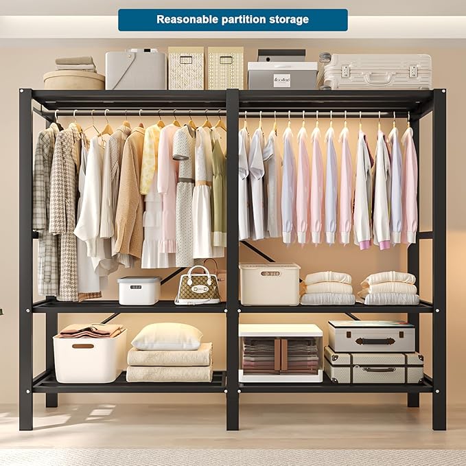 FPIGSHS Heavy Duty Clothes Rack with Cover Foldable Covered Clothes Rack for Hanging Clothes portable Wardrobe Closet System Freestanding Coat Storage Garment Racks for bedroom (black, 75in)