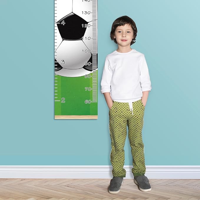 Personalized Kids Name Growth Chart Ruler for Wall Wood Frame Height Measure Chart 13.4x56 in Linen Hanging Height Growth Chart Football Soccer Kids Room Decor