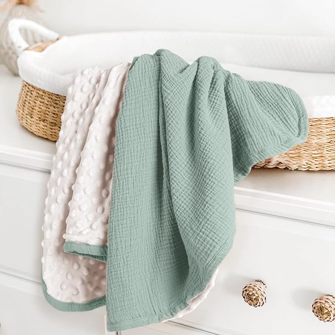 lulumoon Baby Blanket for Newborn Boy: Soft Minky Dotted Backing - Perfect Muslin Stroller Blanket for Travel & Baby Shower 30"x40"（Sage）