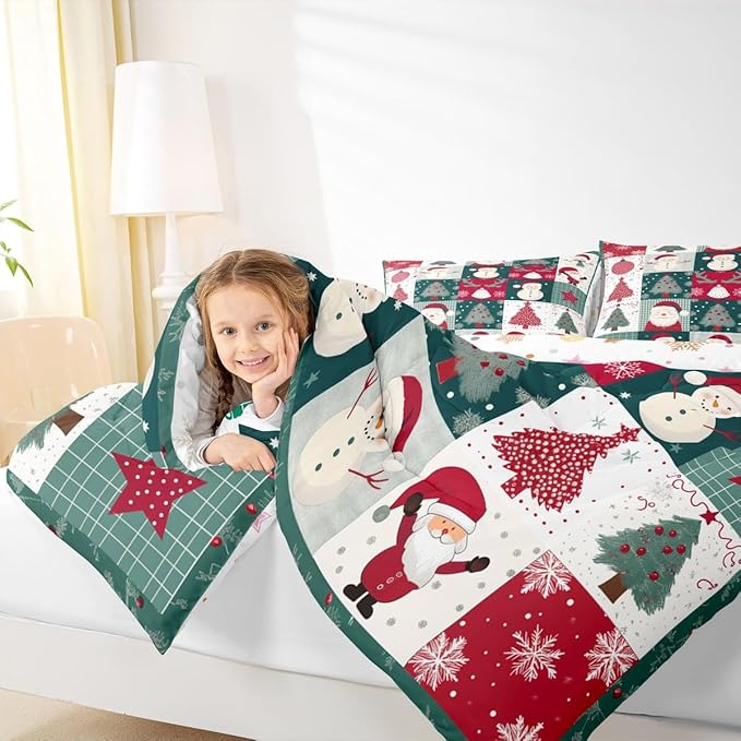 Feelyou Merry Christmas Comforter Set All Season Xmas Tree Snowman Bedding Set with 2 Pillow Cases Santa Claus Microfiber Kids Full Bedclothes Patchwork Bedroom Decor Duvet Quilt Breathable Soft