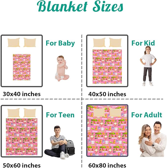 Custom Safari Animals Blanket Gift, Personalized Baby Blanket with Name, Soft Plush Flannel/Sherpa Fleece Throw Blankets for Toddler Kid Teen Boys Girls Color08