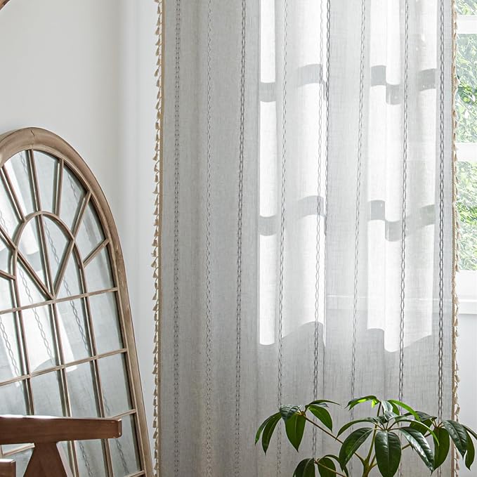 Deeprove Silver Grey Boho Curtains 72 inches Length, Vintage Bohemian Embroidery Farmhouse Cotton Linen Fringe Window Treatments Nursery Bedroom Living Room Dinging Room Decor, W52 x L72, 1 Panel
