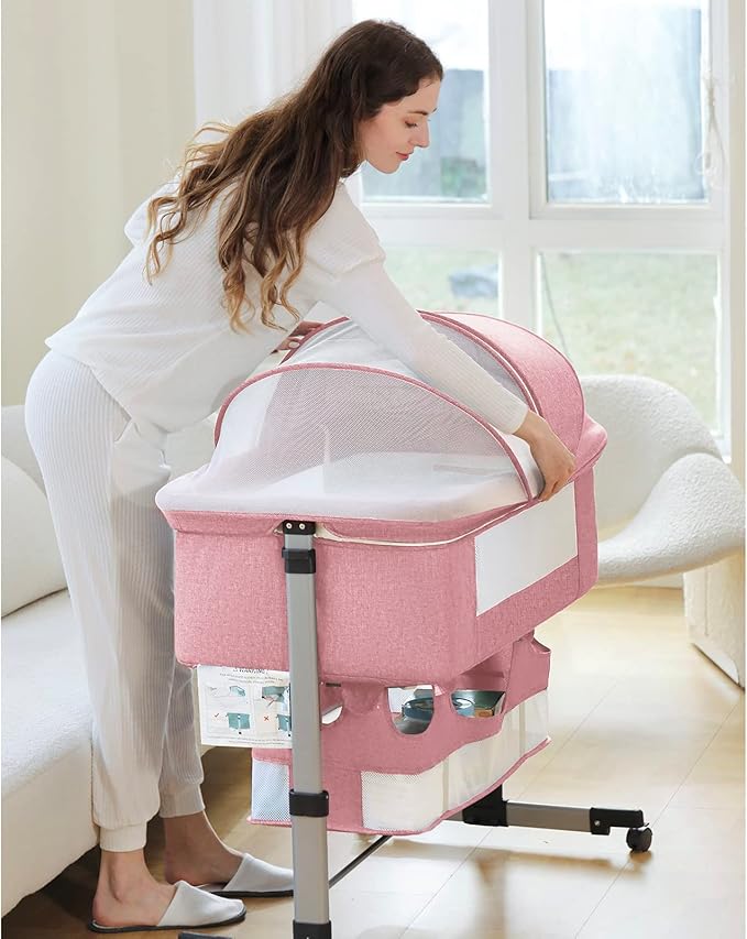 Ihoming Baby Bassinet Bedside Sleeper, Baby Bed Side Crib with Storage Basket, Easy Folding Bassinets, Adjustable Baby Bed for Infant Newborn, Pink