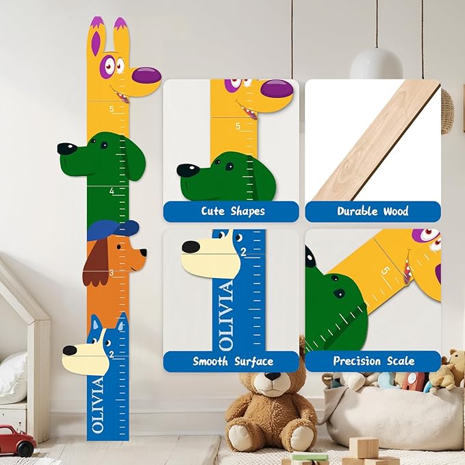 Personalized Name Growth Chart for Wall, Big Ear Dog Wood Height Chart for Kids, Height Measurement Growth Measuring Ruler, Thoughtful Birthday Gift for Boys and Girls