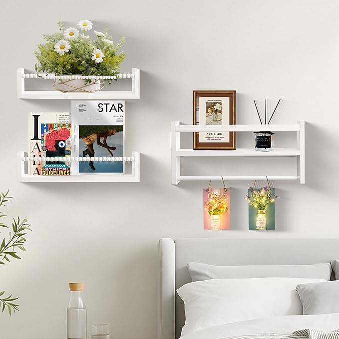 Nursery Floating Book Shelves, Wall Mounted Shelf with Towel Bar for Kids Room, Nursery Wall Shelves Set of 3 - Rustic Bookshelf Organizer for Baby Books & Toys,White