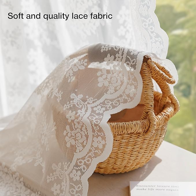 Anmao Vintage Lace Valance Kitchen Curtains 18 Inches Long 2 Panels, Semi Sheer Floral Over Sink Lacy Cafe Curtain, Elegant Window Short Small Drapes, 55W x 18L, White Plum