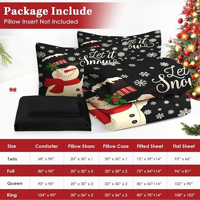 7 Pcs Full Size Christmas Comforter Set with 2 Pillowcases & 2 Shams, Black Cartoon Snowman Bedding for Kids and Adults, Retro Snow Scene Bed in a Bag with Flat Fitted Sheet