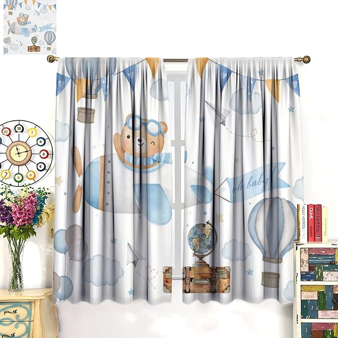 Blue Bear Curtains, Cute Lovely Bear Adventure Airplane Cloud Pastel Blackout Window Treatments, Rod Pocket Thermal Insulated Drapes 2 Panel Sets for Kids Bedroom Nursery Classroom, 52"W X 84"L